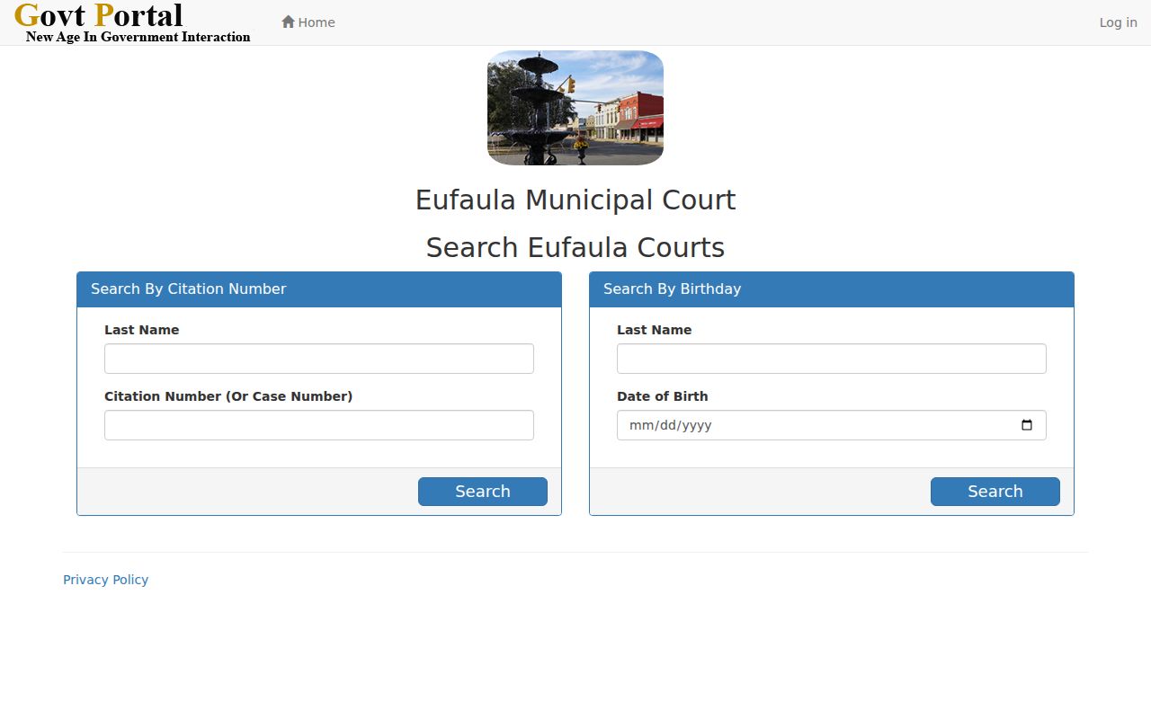 Barbour County warrant lookup fields on the Eufaula Municipal Court search
