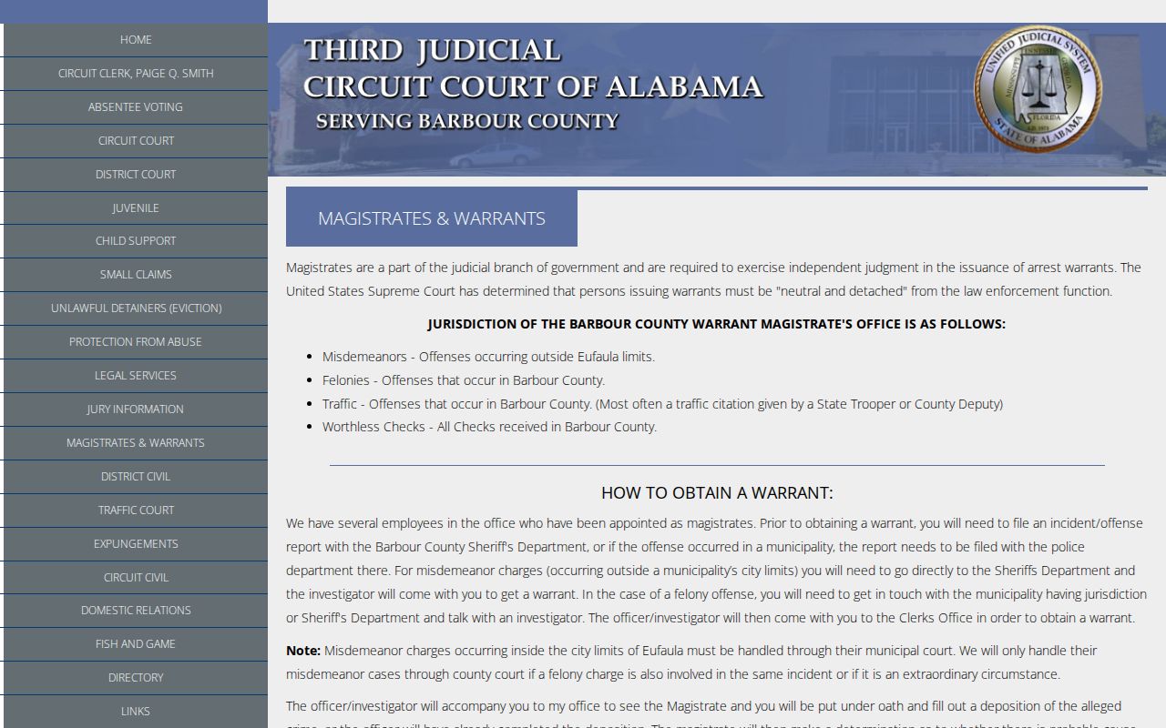 Barbour County warrant magistrate process for arrest warrants