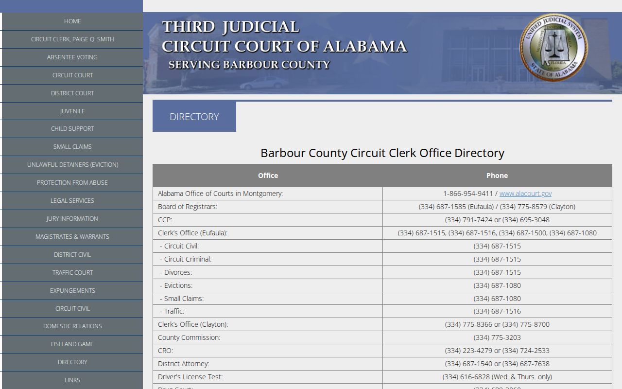 Barbour County warrant records court and sheriff directory